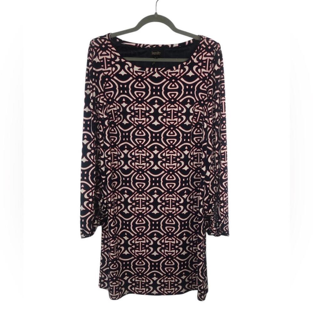 Laundry by Shelli Segal Black and Navy Geometric Dress Gathered Bell Sleeve